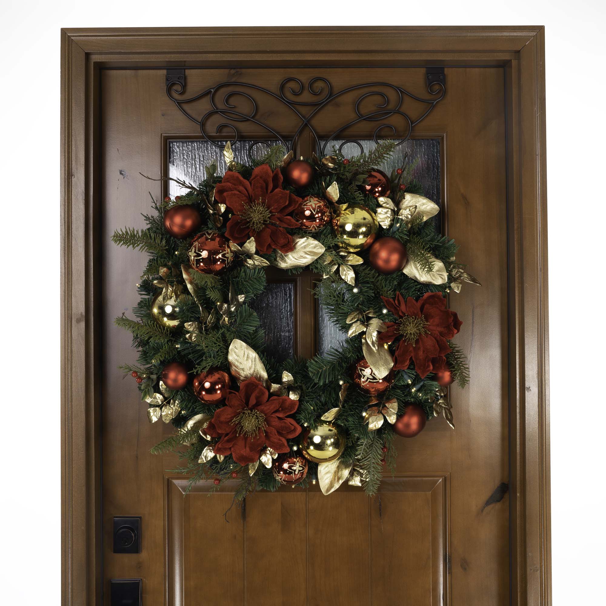 Golden Leaf Red Magnolia Lighted Christmas Wreath - 30"