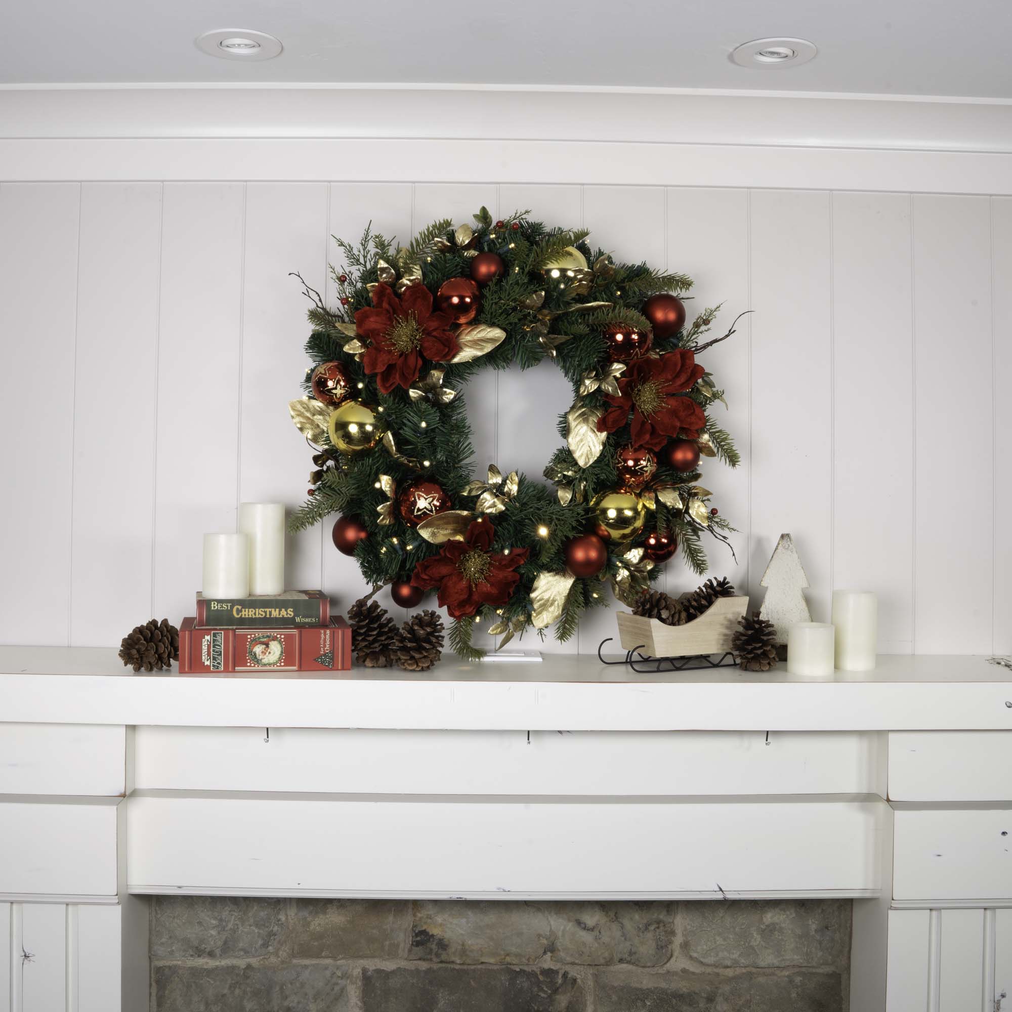 Golden Leaf Red Magnolia Lighted Christmas Wreath - 30"