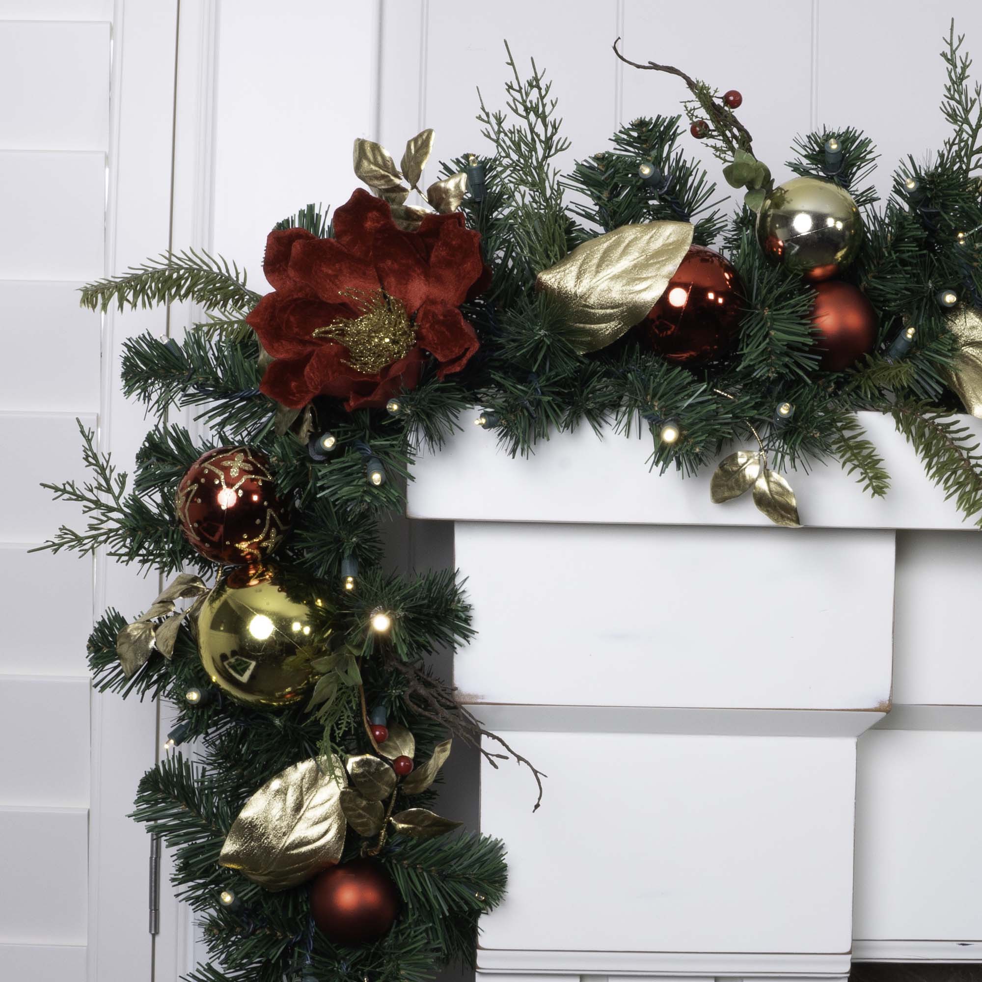 Golden Leaf Red Magnolia Christmas Garland - 9 ft.