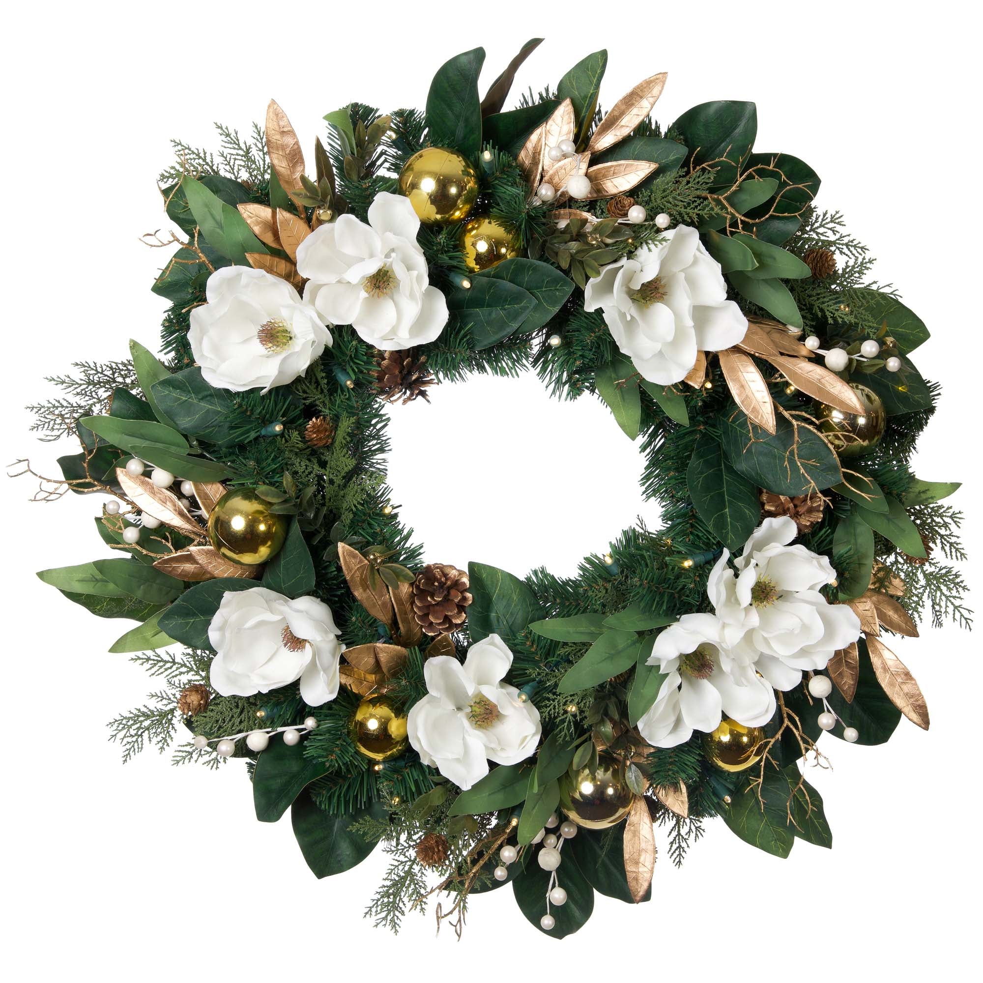 White Gold Magnolia Lighted Christmas Wreath - 30"