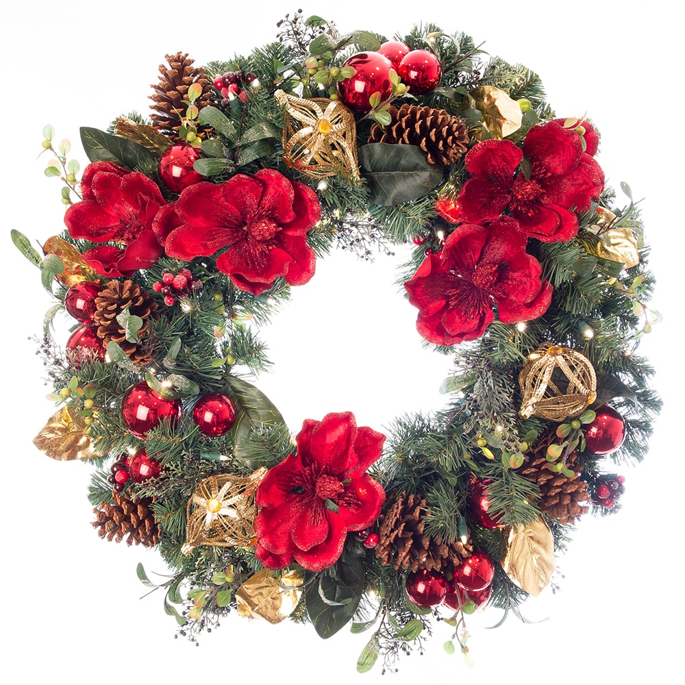 Red Magnolia Decorated Wreath - 30"