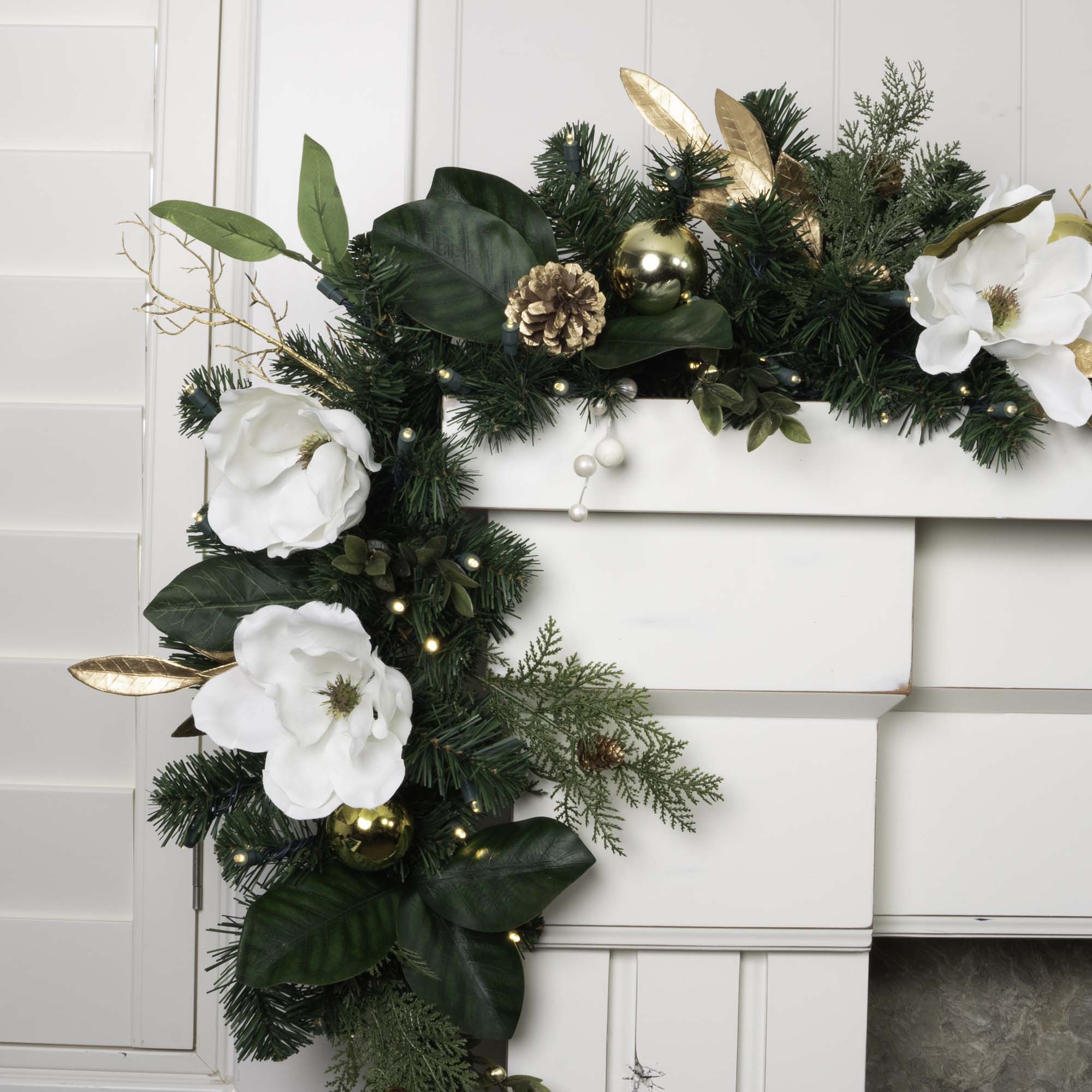 White Gold Magnolia Christmas Garland - 9 ft.