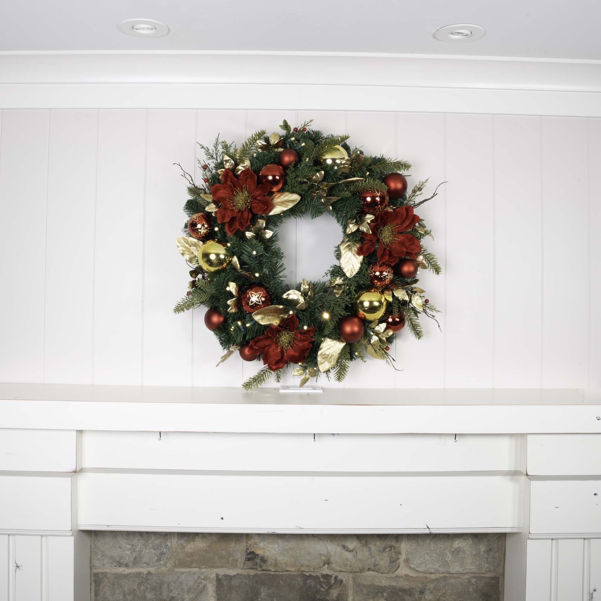 Golden Leaf Red Magnolia Lighted Christmas Wreath - 30"