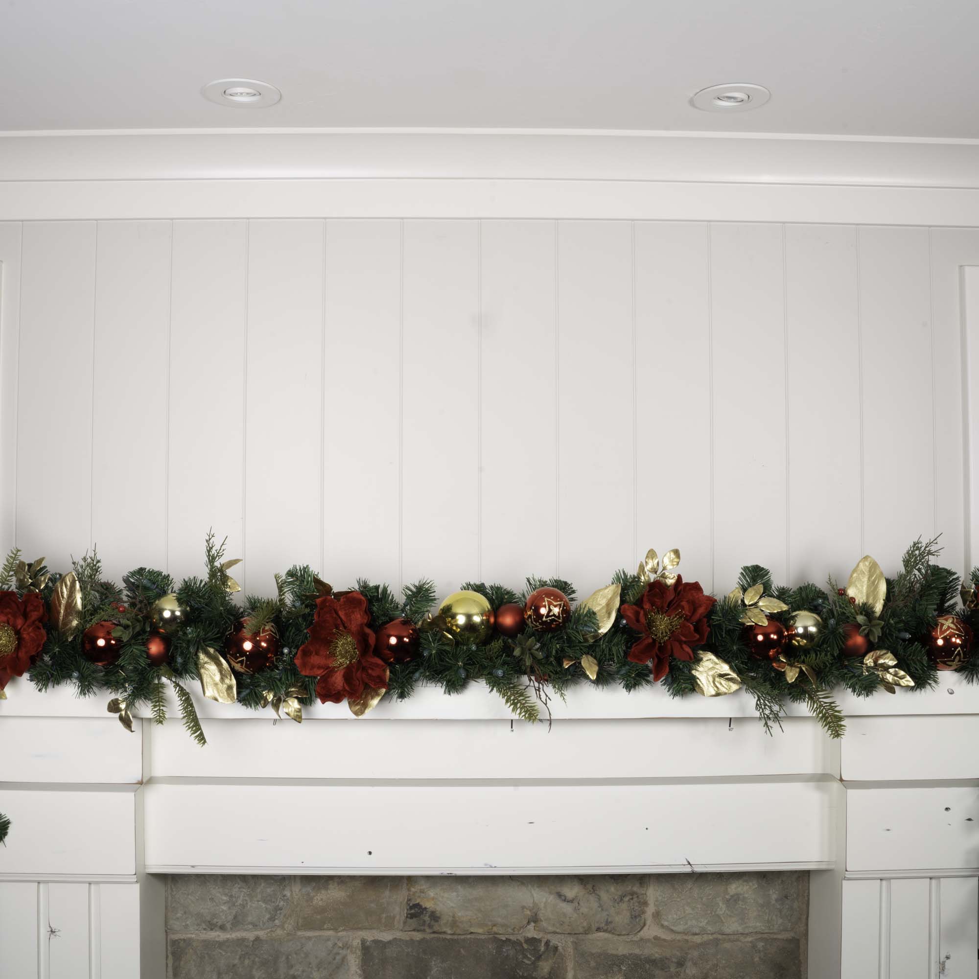 Golden Leaf Red Magnolia Christmas Garland - 9 ft.