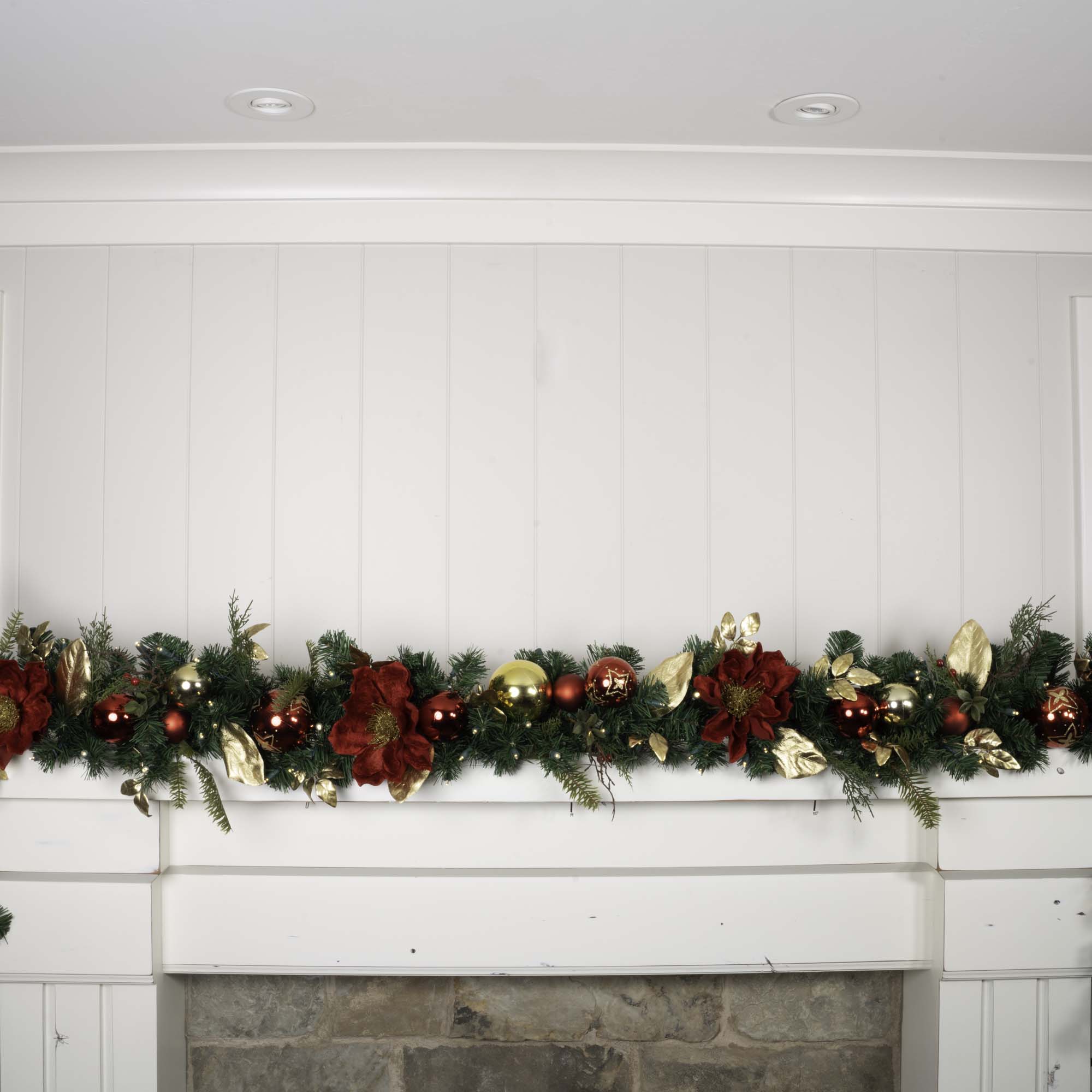 Golden Leaf Red Magnolia Christmas Garland - 9 ft.