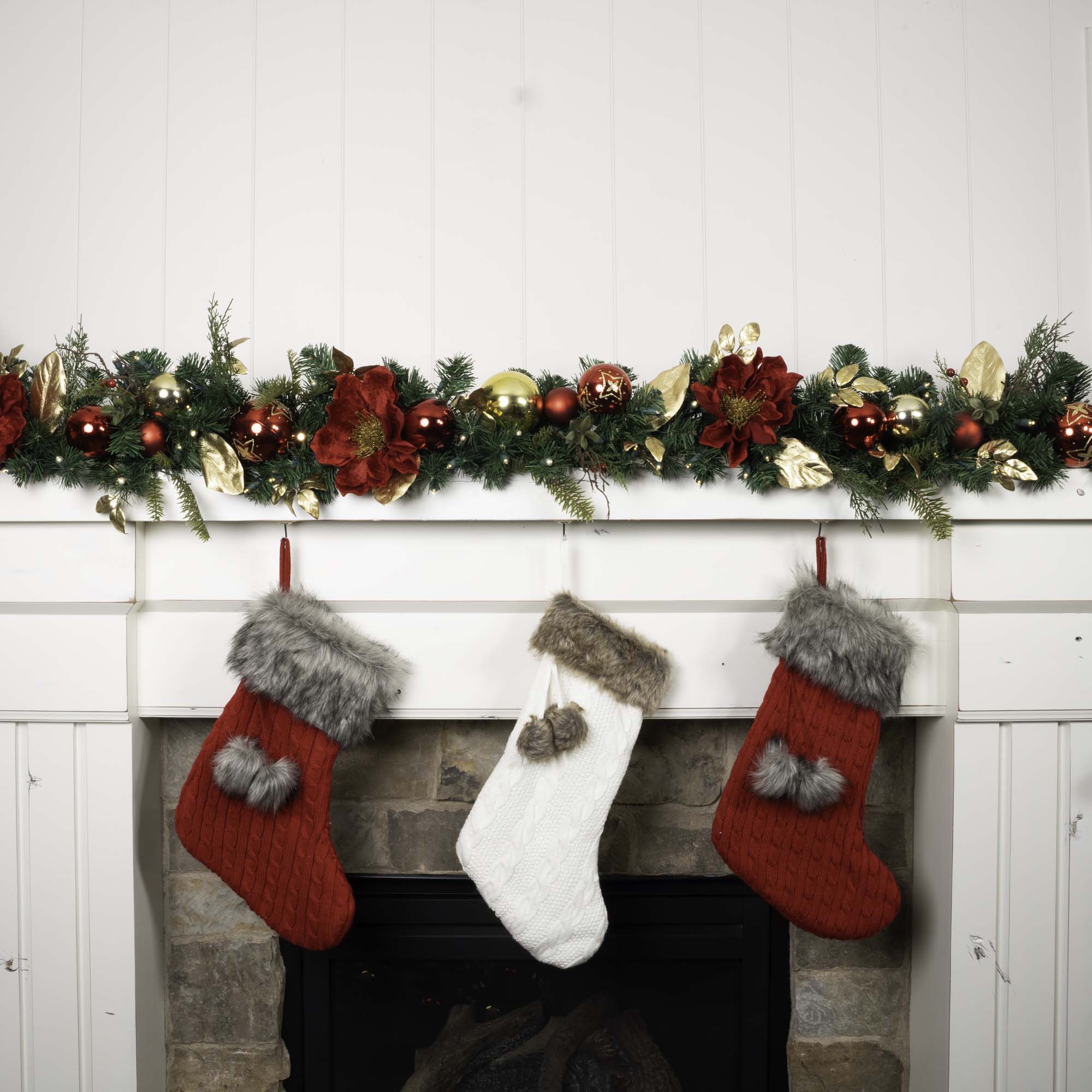 Golden Leaf Red Magnolia Christmas Garland - 9 ft.