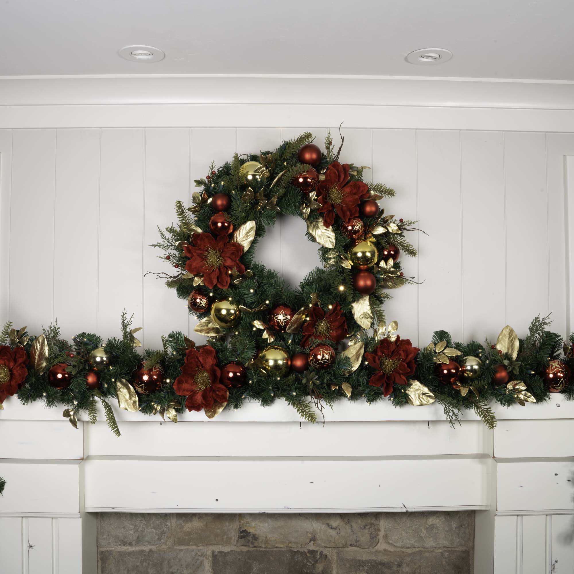 Golden Leaf Red Magnolia Christmas Garland - 9 ft.