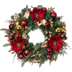 Golden Leaf Red Magnolia Lighted Christmas Wreath - 30"