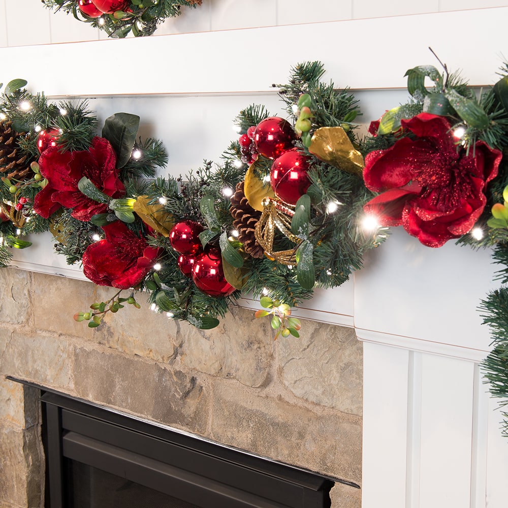 Red Magnolia Decorated Garland